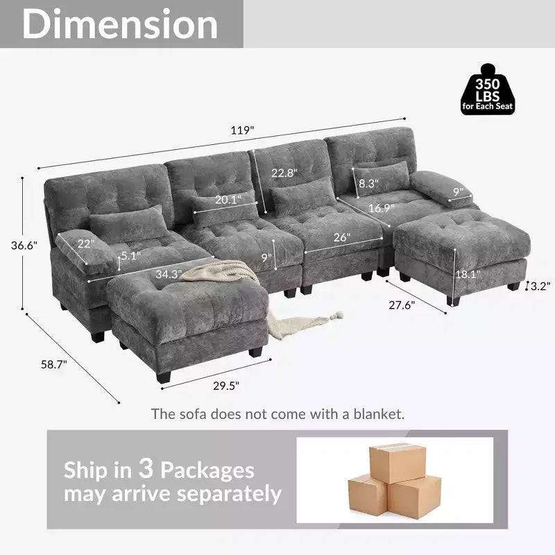 Canapé 4 places en chenille Whisen 119, canapé sectionnel et causeuse avec 2 poufs, dossier réglable, 4 coussins décoratifs