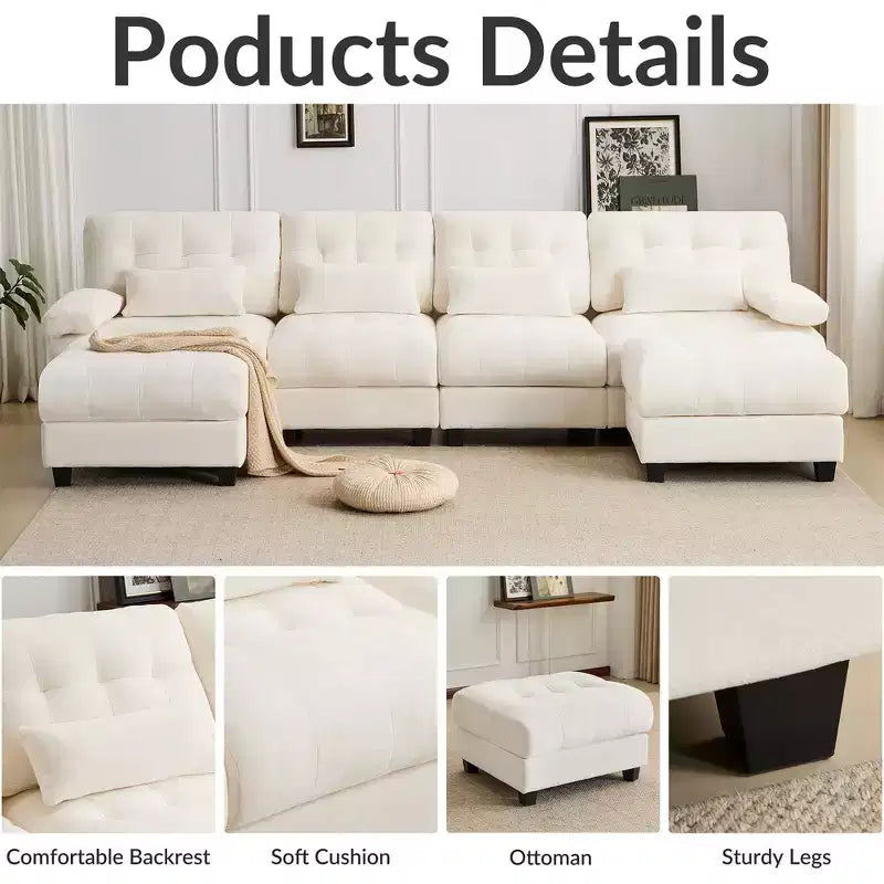 Canapé 4 places en chenille Whisen 119, canapé sectionnel et causeuse avec 2 poufs, dossier réglable, 4 coussins décoratifs