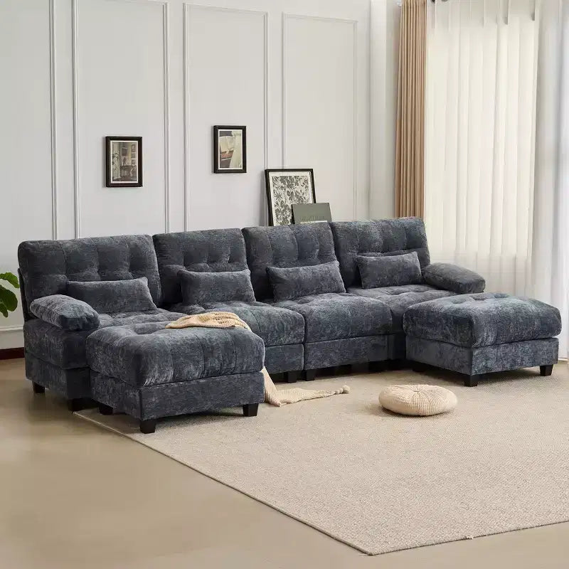 Canapé 4 places en chenille Whisen 119, canapé sectionnel et causeuse avec 2 poufs, dossier réglable, 4 coussins décoratifs