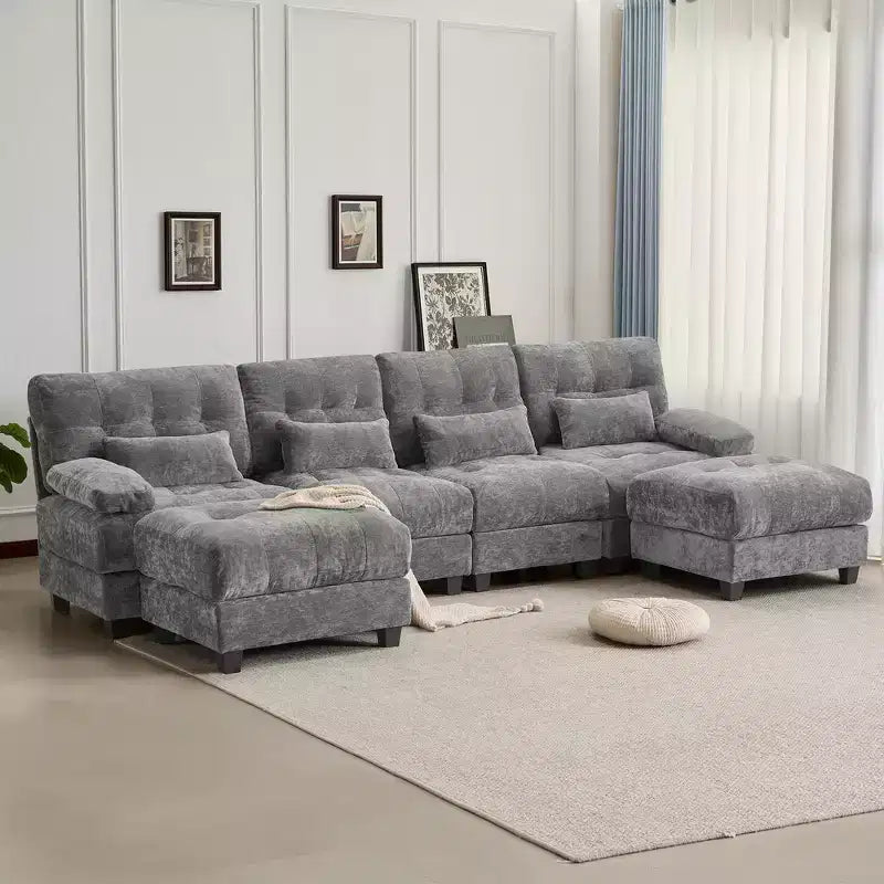 Canapé 4 places en chenille Whisen 119, canapé sectionnel et causeuse avec 2 poufs, dossier réglable, 4 coussins décoratifs