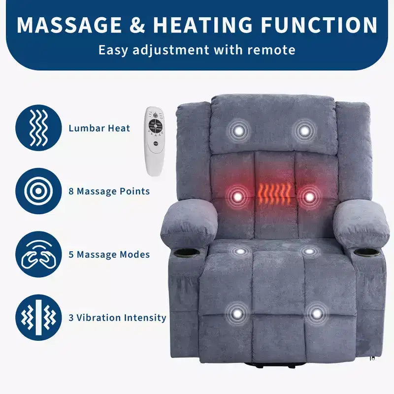 Fauteuil inclinable releveur grande taille, Fauteuil inclinable large surdimensionné, Poches latérales et porte-gobelet, Fauteuil inclinable pivotant et à bascule à 360°, Pour salon, Maison
