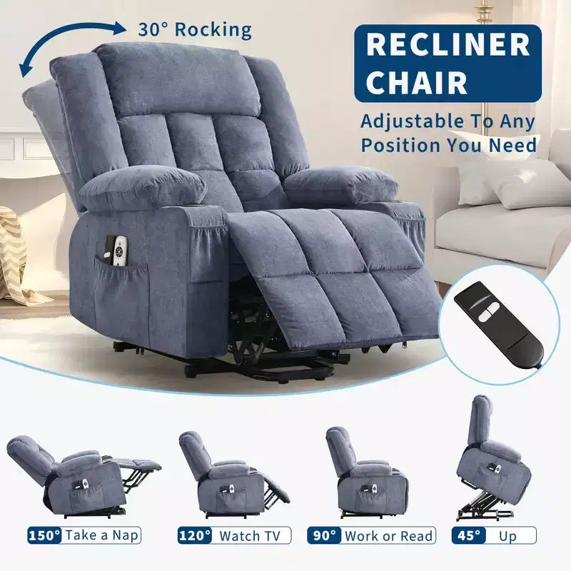 Fauteuil inclinable releveur grande taille, Fauteuil inclinable large surdimensionné, Poches latérales et porte-gobelet, Fauteuil inclinable pivotant et à bascule à 360°, Pour salon, Maison
