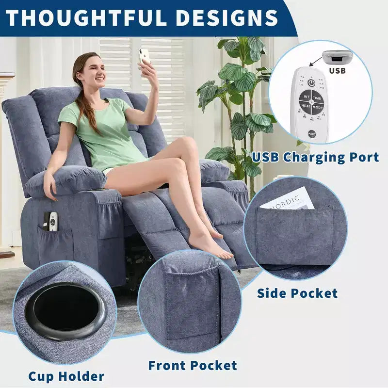 Fauteuil inclinable releveur grande taille, Fauteuil inclinable large surdimensionné, Poches latérales et porte-gobelet, Fauteuil inclinable pivotant et à bascule à 360°, Pour salon, Maison