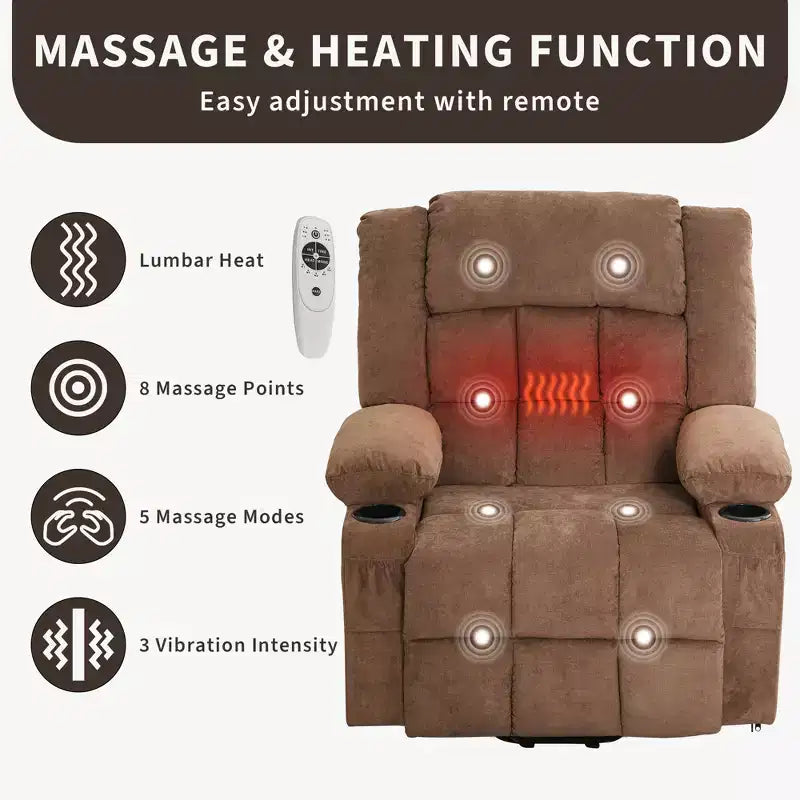 Fauteuil inclinable releveur grande taille, Fauteuil inclinable large surdimensionné, Poches latérales et porte-gobelet, Fauteuil inclinable pivotant et à bascule à 360°, Pour salon, Maison