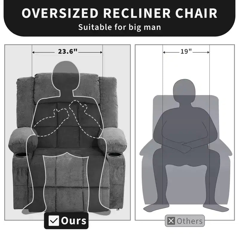 Fauteuil inclinable releveur grande taille, Fauteuil inclinable large surdimensionné, Poches latérales et porte-gobelet, Fauteuil inclinable pivotant et à bascule à 360°, Pour salon, Maison