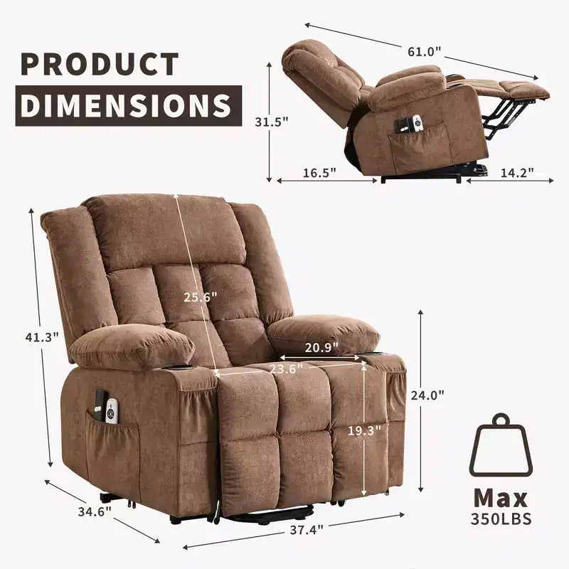 Fauteuil inclinable releveur grande taille, Fauteuil inclinable large surdimensionné, Poches latérales et porte-gobelet, Fauteuil inclinable pivotant et à bascule à 360°, Pour salon, Maison