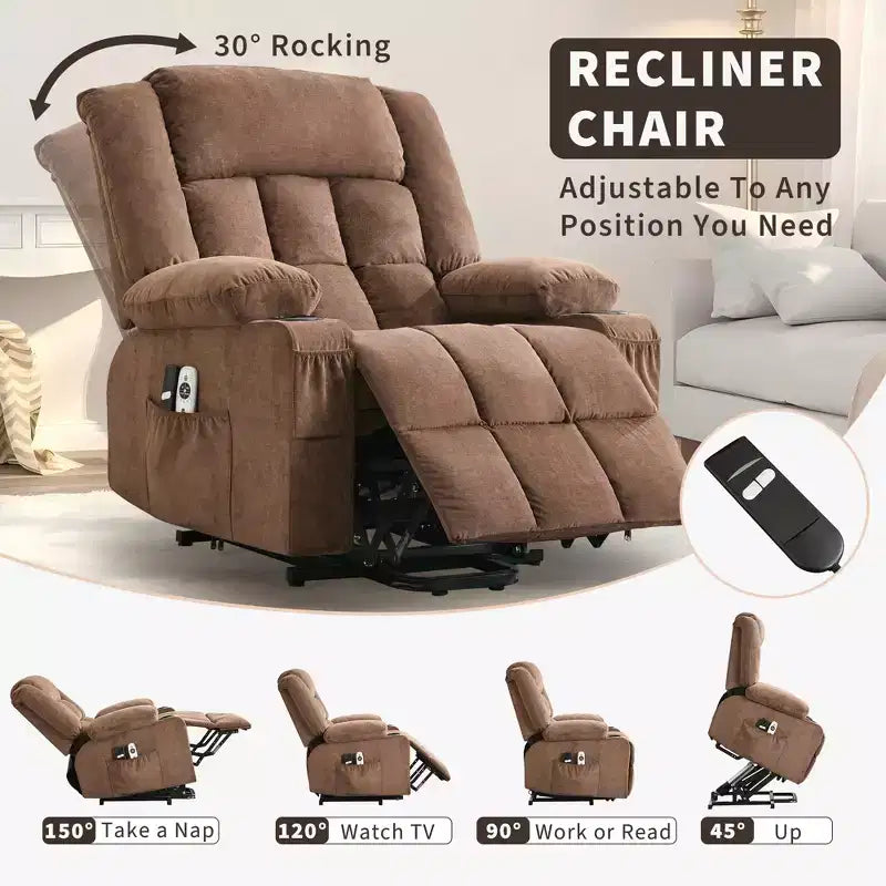 Fauteuil inclinable releveur grande taille, Fauteuil inclinable large surdimensionné, Poches latérales et porte-gobelet, Fauteuil inclinable pivotant et à bascule à 360°, Pour salon, Maison
