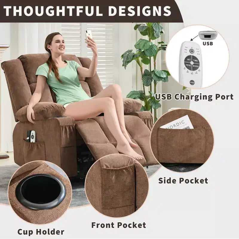 Fauteuil inclinable releveur grande taille, Fauteuil inclinable large surdimensionné, Poches latérales et porte-gobelet, Fauteuil inclinable pivotant et à bascule à 360°, Pour salon, Maison