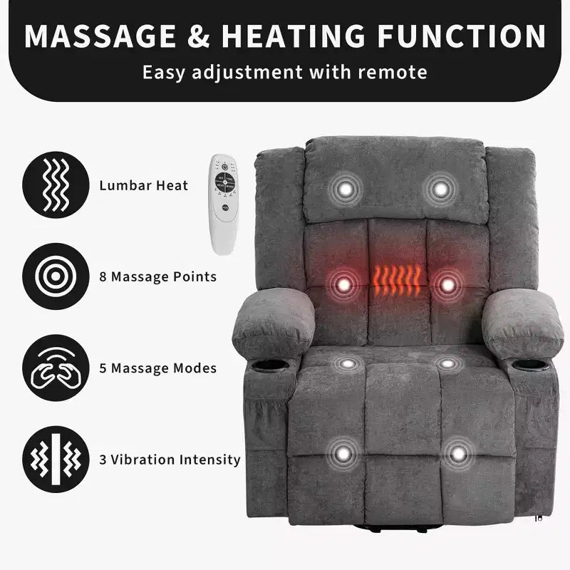 Fauteuil inclinable releveur grande taille, Fauteuil inclinable large surdimensionné, Poches latérales et porte-gobelet, Fauteuil inclinable pivotant et à bascule à 360°, Pour salon, Maison