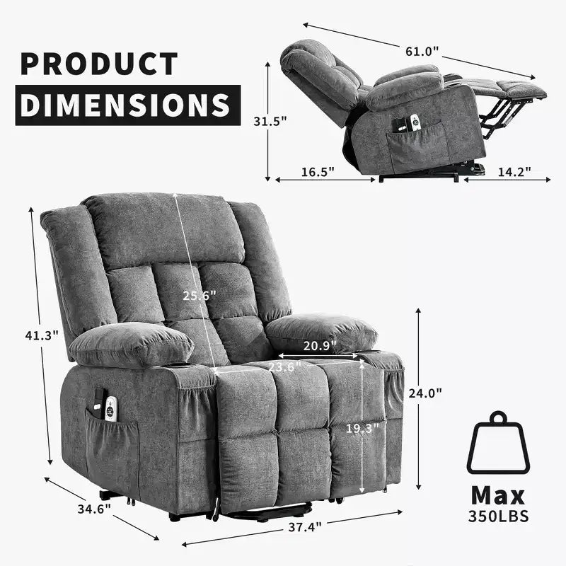 Fauteuil inclinable releveur grande taille, Fauteuil inclinable large surdimensionné, Poches latérales et porte-gobelet, Fauteuil inclinable pivotant et à bascule à 360°, Pour salon, Maison