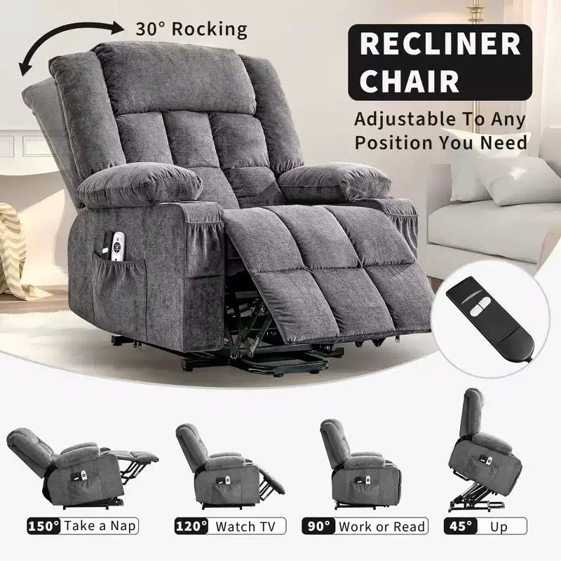 Fauteuil inclinable releveur grande taille, Fauteuil inclinable large surdimensionné, Poches latérales et porte-gobelet, Fauteuil inclinable pivotant et à bascule à 360°, Pour salon, Maison