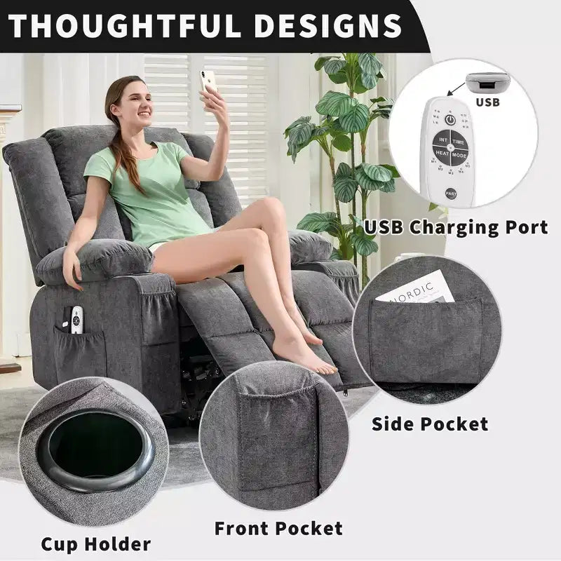 Fauteuil inclinable releveur grande taille, Fauteuil inclinable large surdimensionné, Poches latérales et porte-gobelet, Fauteuil inclinable pivotant et à bascule à 360°, Pour salon, Maison