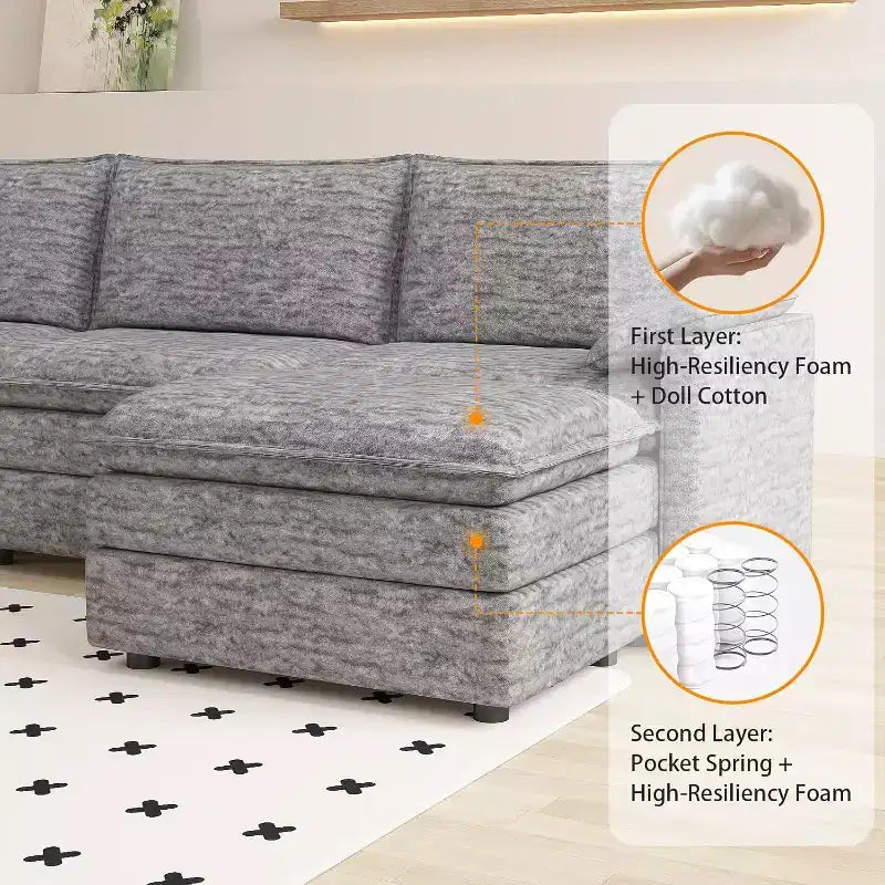 Canapé modulaire 108 places en nuage, Canapé modulaire moderne en chenille en forme de L, Canapé sectionnel pour appartement