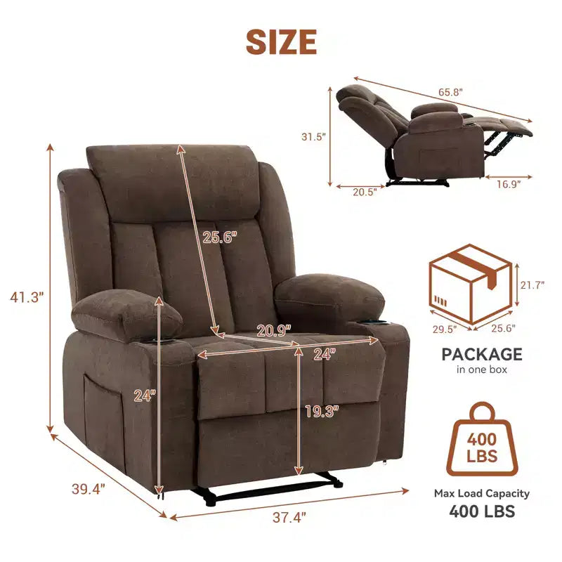 Fauteuil inclinable à bascule de massage, Fauteuil à bascule confortable et rembourré avec poches latérales, poches avant et porte-gobelet, Assemblage facile