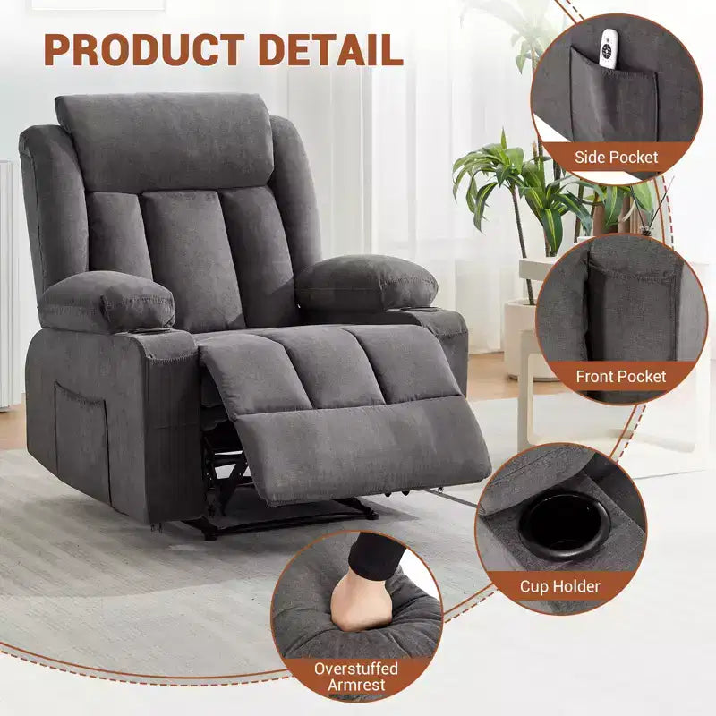 Fauteuil inclinable à bascule de massage, Fauteuil à bascule confortable et rembourré avec poches latérales, poches avant et porte-gobelet, Assemblage facile