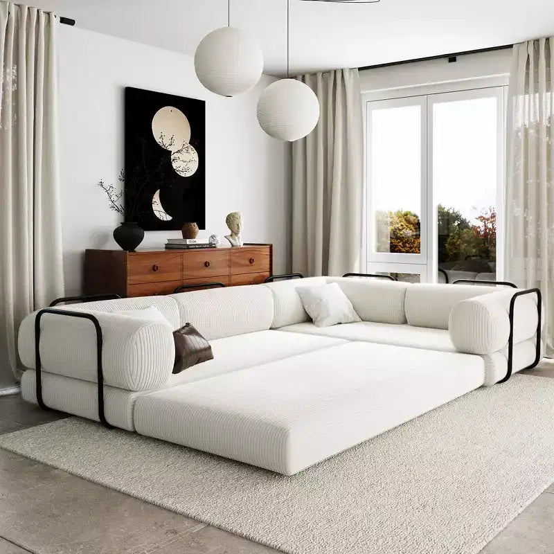Canapé-lit d'angle en velours côtelé Clihome, sectionnel modulaire avec méridienne réversible et mousse haute densité pour salon polyvalent