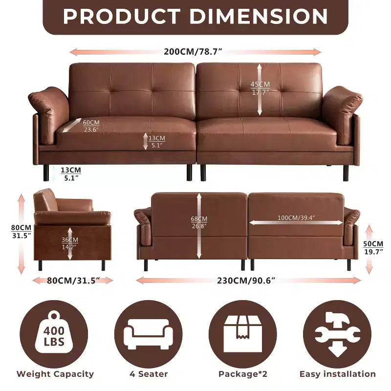 Canapé Chesterfield 228 cm en cuir marron de style Mid-Century avec extérieur en bois massif et capitonnage fait main, canapé d'angle rétro en cuir 4 places pour salon