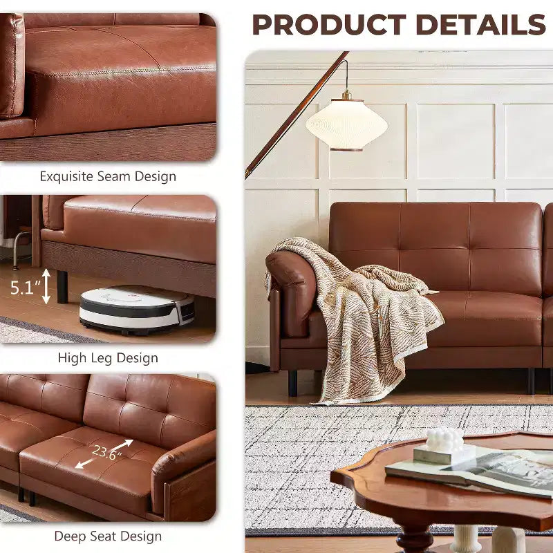 Canapé Chesterfield 228 cm en cuir marron de style Mid-Century avec extérieur en bois massif et capitonnage fait main, canapé d'angle rétro en cuir 4 places pour salon