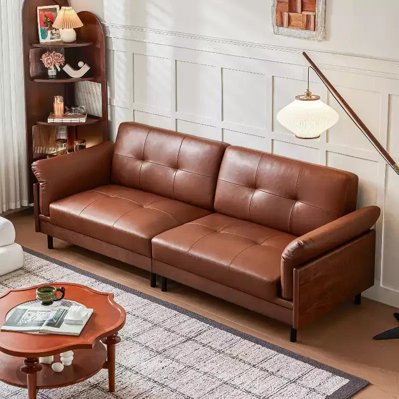 Canapé Chesterfield 228 cm en cuir marron de style Mid-Century avec extérieur en bois massif et capitonnage fait main, canapé d'angle rétro en cuir 4 places pour salon