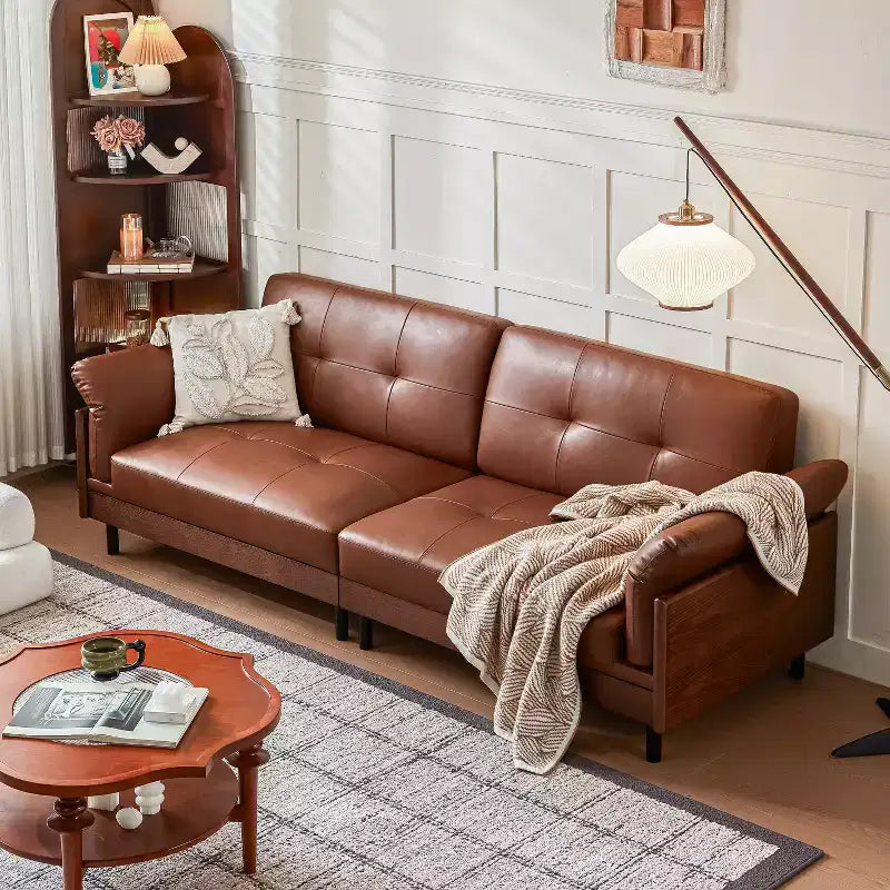 Canapé Chesterfield 228 cm en cuir marron de style Mid-Century avec extérieur en bois massif et capitonnage fait main, canapé d'angle rétro en cuir 4 places pour salon