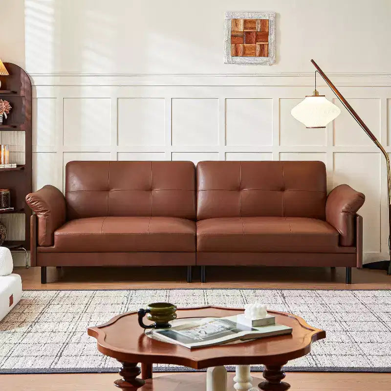 Canapé Chesterfield 228 cm en cuir marron de style Mid-Century avec extérieur en bois massif et capitonnage fait main, canapé d'angle rétro en cuir 4 places pour salon