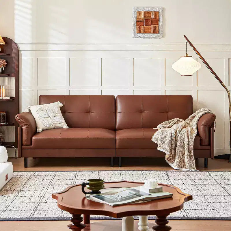 Canapé Chesterfield 228 cm en cuir marron de style Mid-Century avec extérieur en bois massif et capitonnage fait main, canapé d'angle rétro en cuir 4 places pour salon
