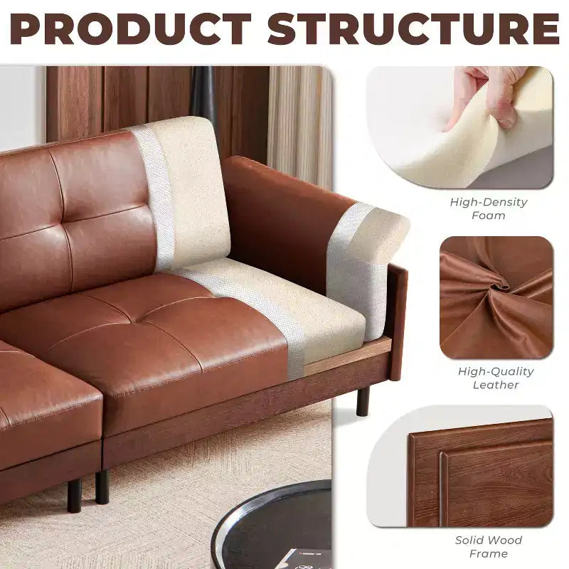 Canapé Chesterfield 228 cm en cuir marron de style Mid-Century avec extérieur en bois massif et capitonnage fait main, canapé d'angle rétro en cuir 4 places pour salon