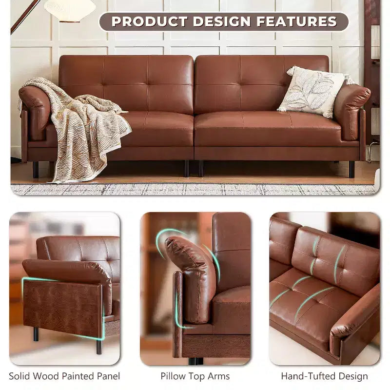 Canapé Chesterfield 228 cm en cuir marron de style Mid-Century avec extérieur en bois massif et capitonnage fait main, canapé d'angle rétro en cuir 4 places pour salon