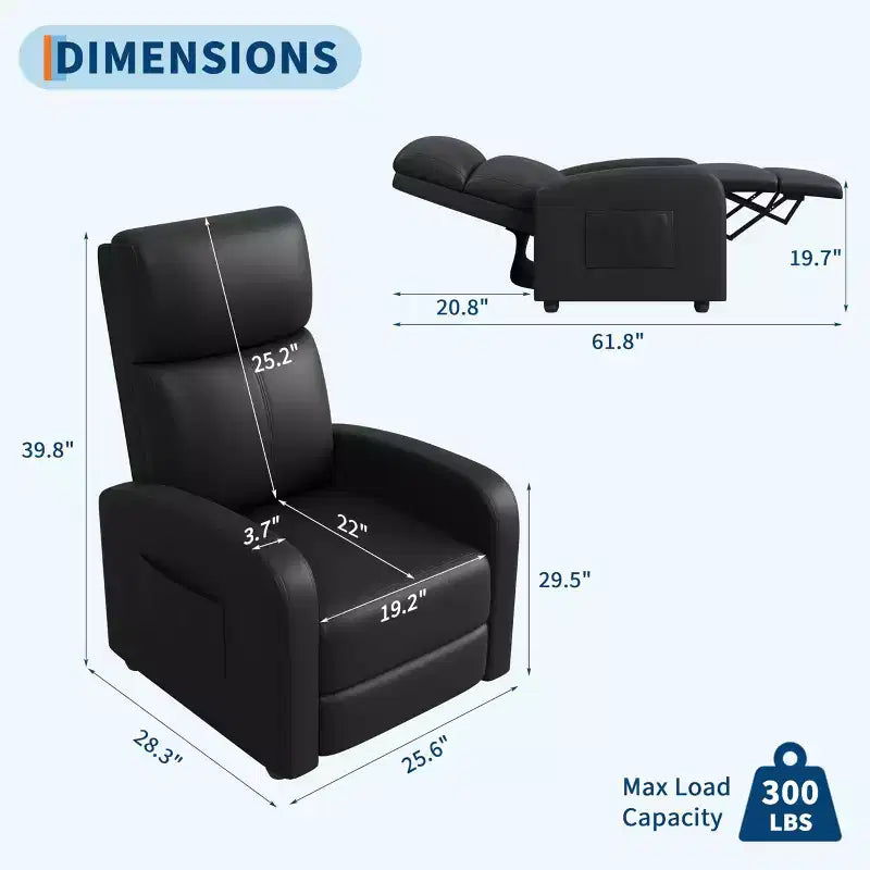 Fauteuil inclinable en cuir PU, siège simple paresseux avec poche latérale, dossier haut et accoudoirs rembourrés larges, fauteuil de cinéma maison pour salon, chambre à coucher