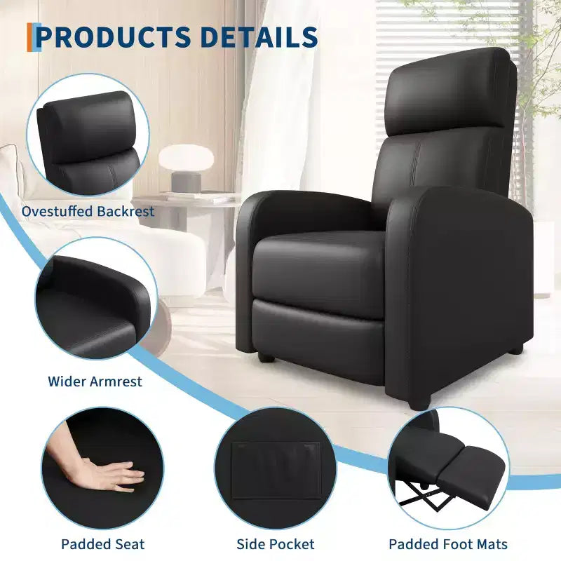 Fauteuil inclinable en cuir PU, siège simple paresseux avec poche latérale, dossier haut et accoudoirs rembourrés larges, fauteuil de cinéma maison pour salon, chambre à coucher