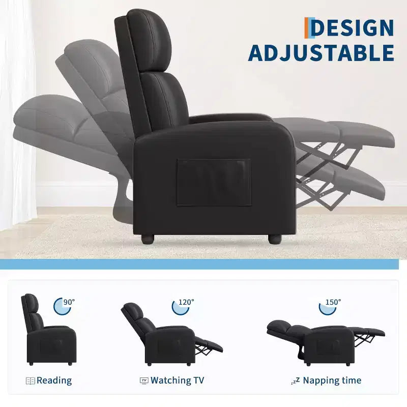 Fauteuil inclinable en cuir PU, siège simple paresseux avec poche latérale, dossier haut et accoudoirs rembourrés larges, fauteuil de cinéma maison pour salon, chambre à coucher
