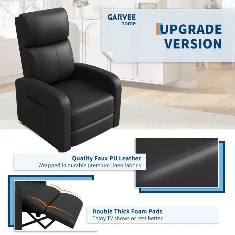 Fauteuil inclinable en cuir PU, siège simple paresseux avec poche latérale, dossier haut et accoudoirs rembourrés larges, fauteuil de cinéma maison pour salon, chambre à coucher