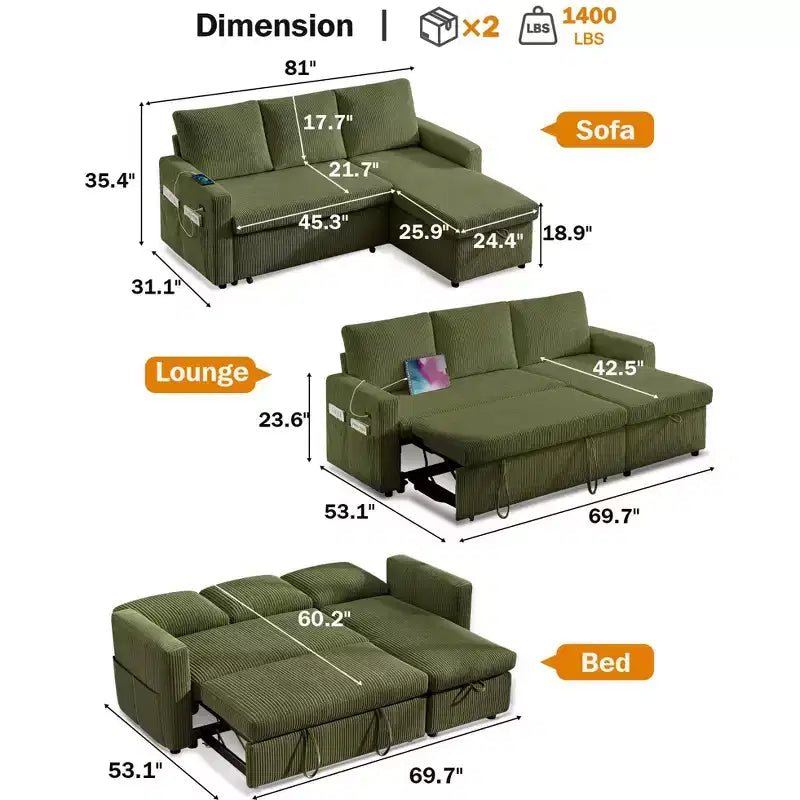Canapé-lit Dyonery 81, canapé d'angle en forme de L avec lit gigogne, dossier inclinable, méridienne de rangement réversible, ports USB