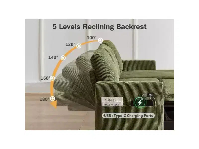Canapé-lit Dyonery 81, canapé d'angle en forme de L avec lit gigogne, dossier inclinable, méridienne de rangement réversible, ports USB