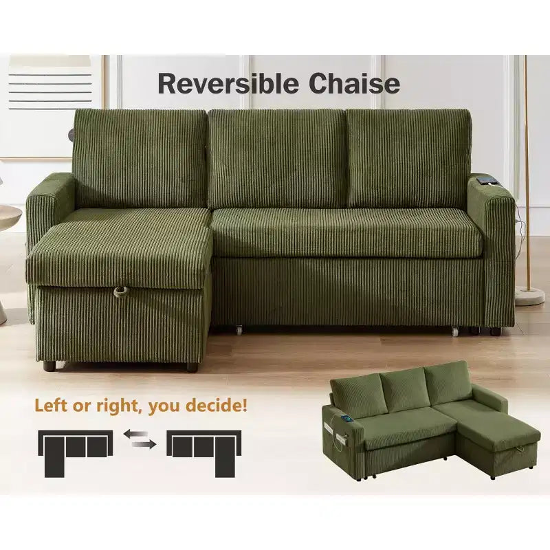 Canapé-lit Dyonery 81, canapé d'angle en forme de L avec lit gigogne, dossier inclinable, méridienne de rangement réversible, ports USB