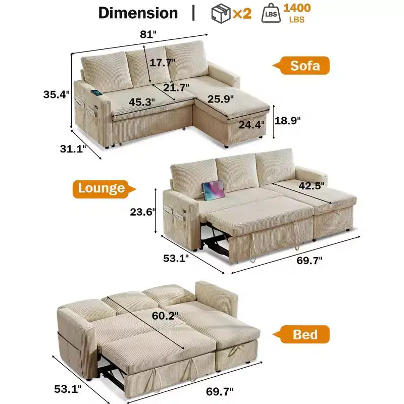 Canapé-lit Dyonery 81, canapé d'angle en forme de L avec lit gigogne, dossier inclinable, méridienne de rangement réversible, ports USB