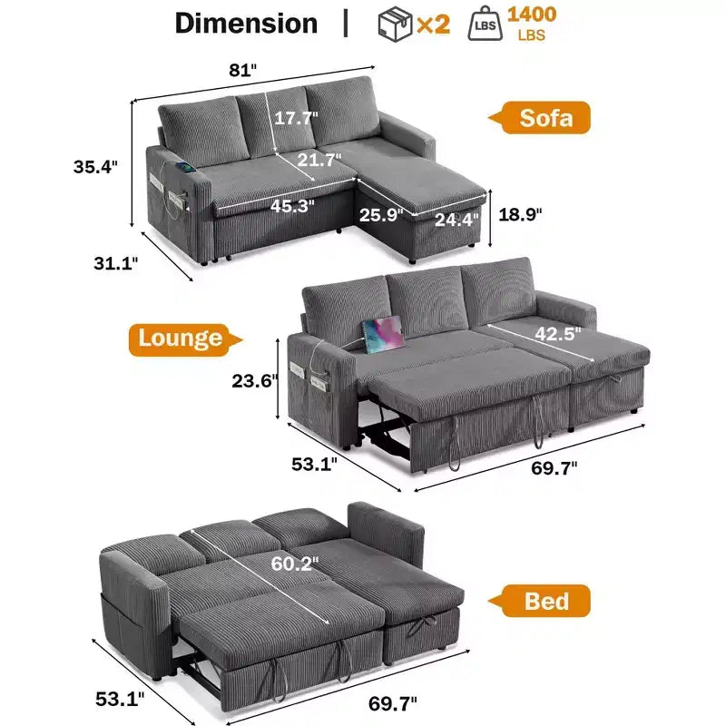 Canapé-lit Dyonery 81, canapé d'angle en forme de L avec lit gigogne, dossier inclinable, méridienne de rangement réversible, ports USB