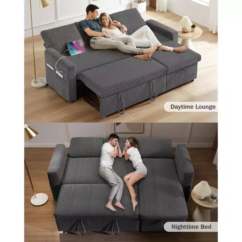 Canapé-lit Dyonery 81, canapé d'angle en forme de L avec lit gigogne, dossier inclinable, méridienne de rangement réversible, ports USB