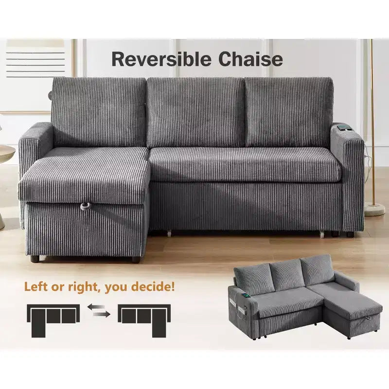 Canapé-lit Dyonery 81, canapé d'angle en forme de L avec lit gigogne, dossier inclinable, méridienne de rangement réversible, ports USB