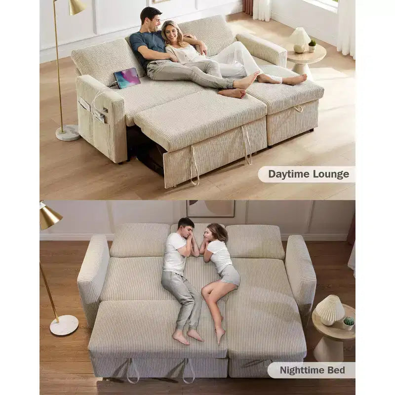 Canapé-lit Dyonery 81, canapé d'angle en forme de L avec lit gigogne, dossier inclinable, méridienne de rangement réversible, ports USB