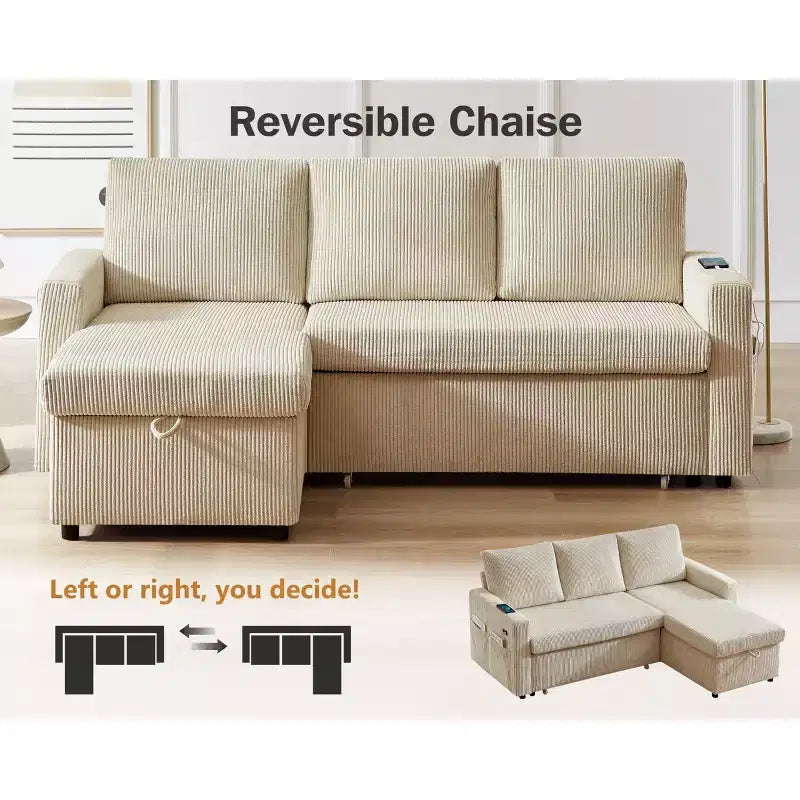 Canapé-lit Dyonery 81, canapé d'angle en forme de L avec lit gigogne, dossier inclinable, méridienne de rangement réversible, ports USB