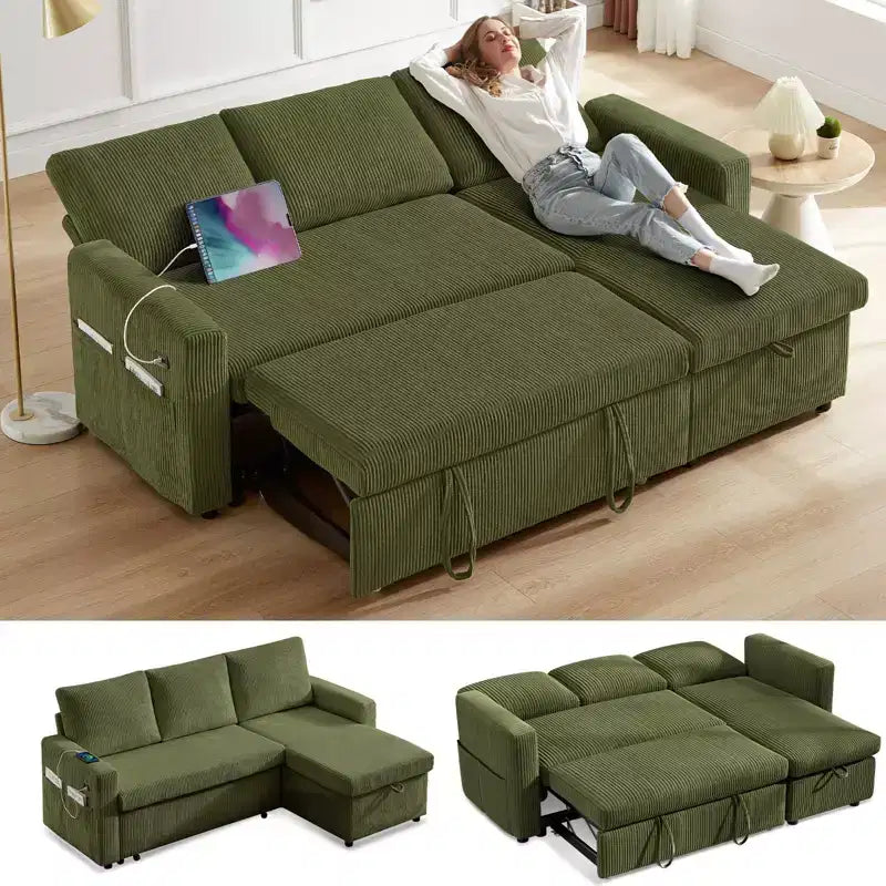 Canapé-lit Dyonery 81, canapé d'angle en forme de L avec lit gigogne, dossier inclinable, méridienne de rangement réversible, ports USB