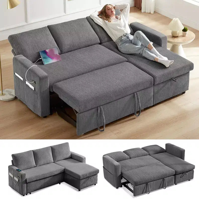 Canapé-lit Dyonery 81, canapé d'angle en forme de L avec lit gigogne, dossier inclinable, méridienne de rangement réversible, ports USB