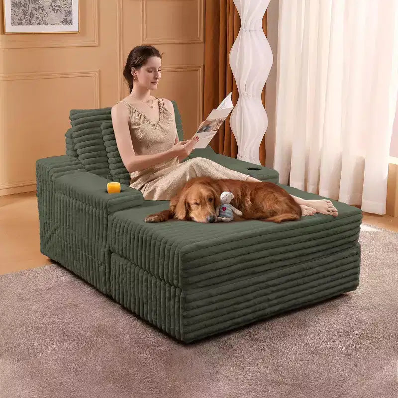 Grande chaise longue d'intérieur avec rangement, canapé-lit en velours côtelé rembourré avec 3 oreillers, canapé-lit simple pour la maison