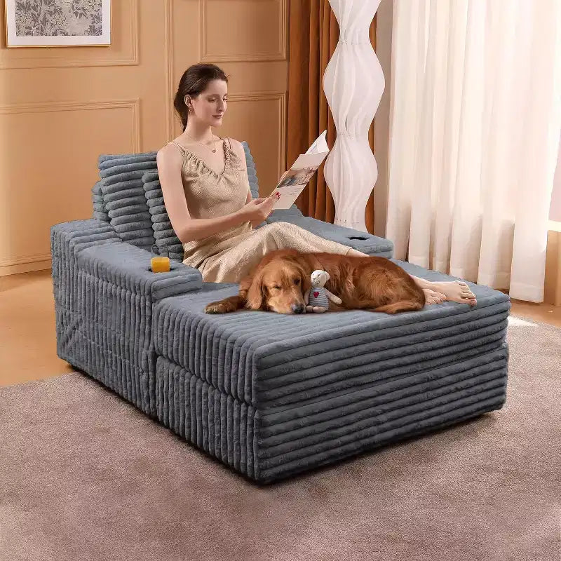 Grande chaise longue d'intérieur avec rangement, canapé-lit en velours côtelé rembourré avec 3 oreillers, canapé-lit simple pour la maison