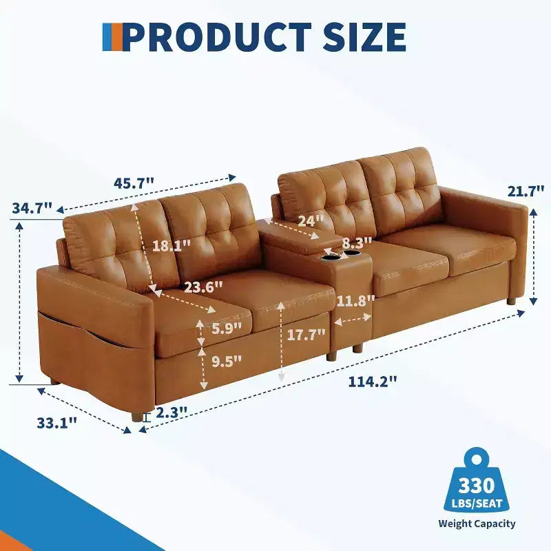 Canapé modulaire sectionnel 4 places en velours de 292 cm compact avec console de rangement, station de charge et porte-gobelets, canapé à assise profonde pour la maison