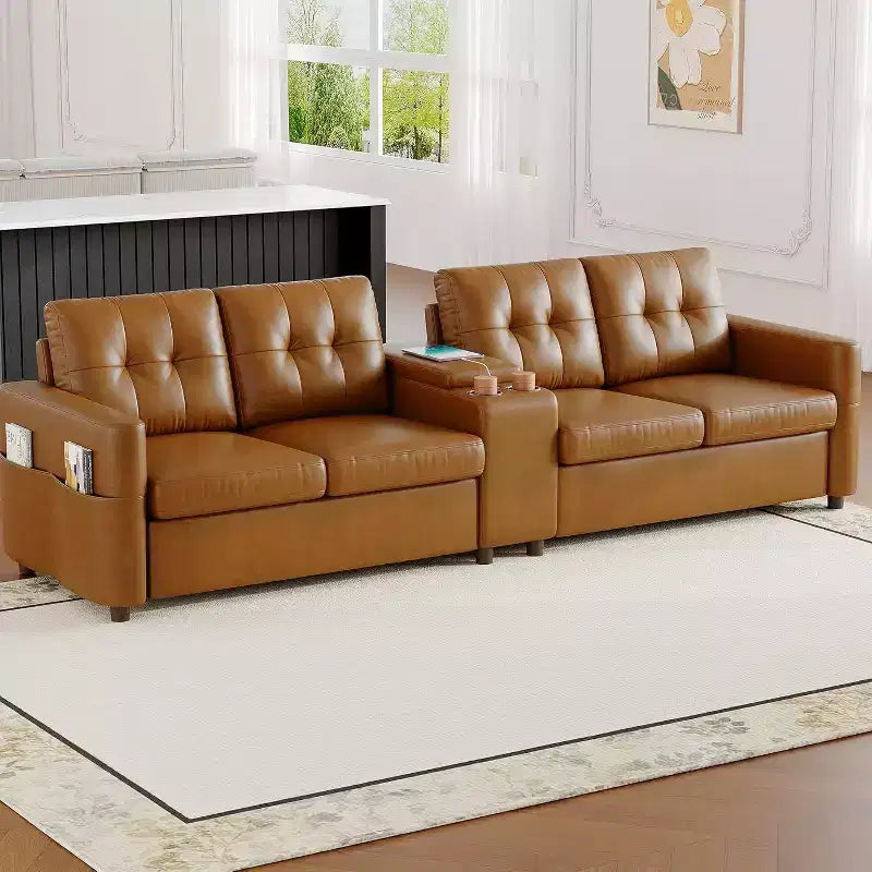 Canapé modulaire sectionnel 4 places en velours de 292 cm compact avec console de rangement, station de charge et porte-gobelets, canapé à assise profonde pour la maison