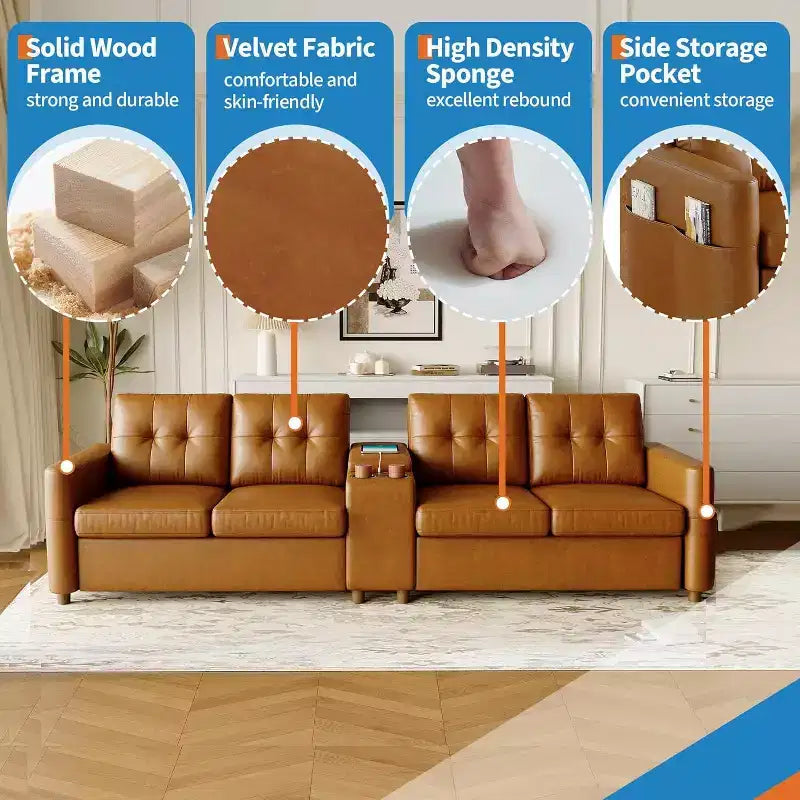 Canapé modulaire sectionnel 4 places en velours de 292 cm compact avec console de rangement, station de charge et porte-gobelets, canapé à assise profonde pour la maison