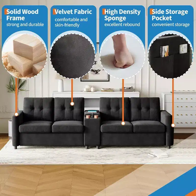 Canapé modulaire sectionnel 4 places en velours de 292 cm compact avec console de rangement, station de charge et porte-gobelets, canapé à assise profonde pour la maison