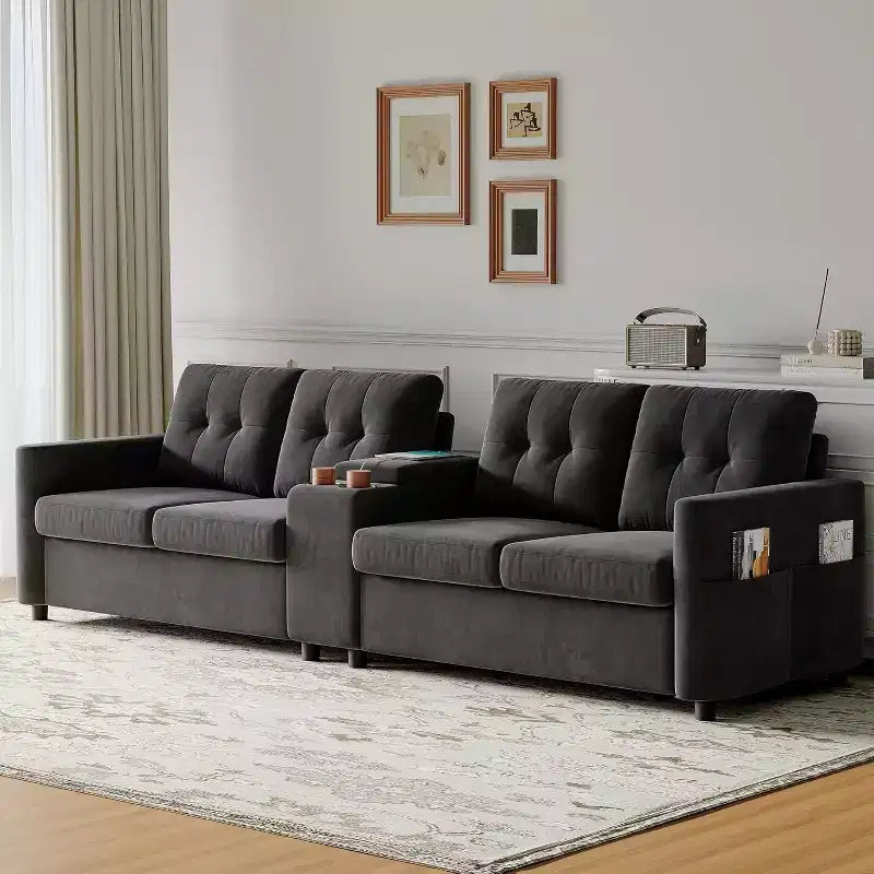 Canapé modulaire sectionnel 4 places en velours de 292 cm compact avec console de rangement, station de charge et porte-gobelets, canapé à assise profonde pour la maison